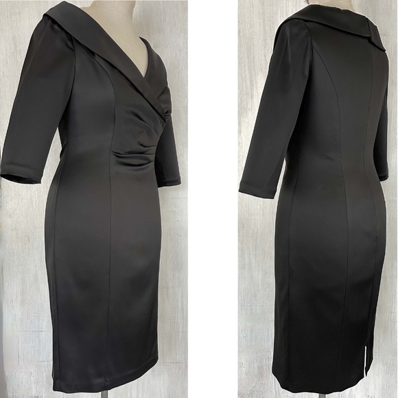 Kay Unger SZ 10 Black Satin Portrait Shawl Collar Half Sleeve Cocktail Dress EUC - Picture 3 of 9